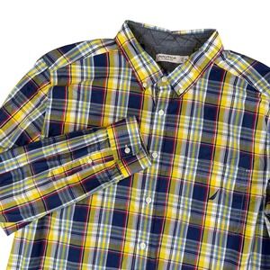 Nautica Classic Plaid Button Down Shirt Mens XXL Yellow Blue Long Sleeve coastal